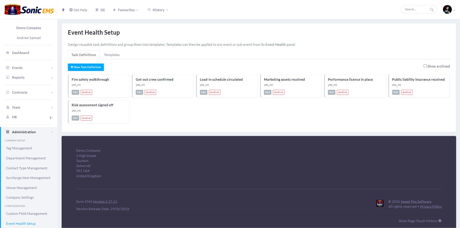 Reusable Event Health task definitions and templates